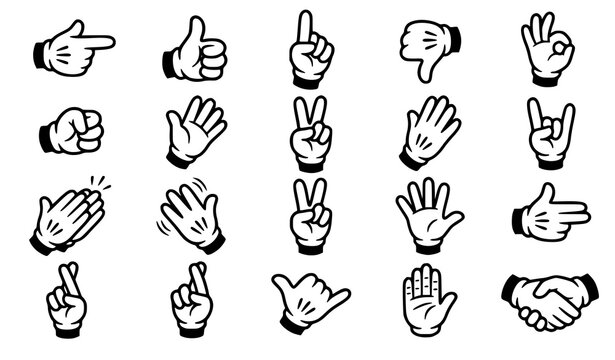 Collection of cartoon hand gestures and signs in a flat black and white vector style illustration