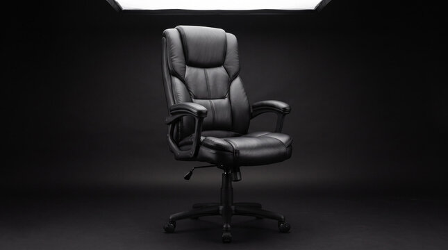 Black leather ergonomic office chair isolated under a spotlight on dark floor.