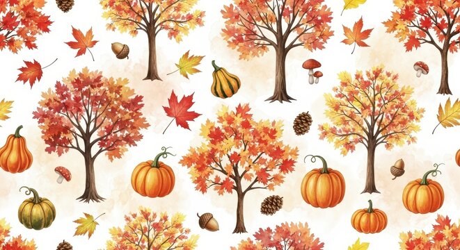 Bright autumn scene with trees, pumpkins, and leaves.