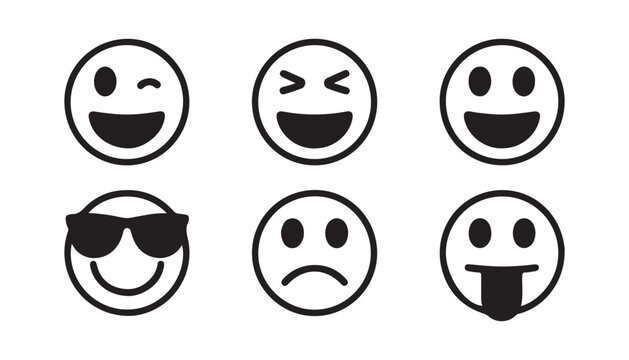Set of linear vector icons featuring smiley faces with various funny expressions on gray background.