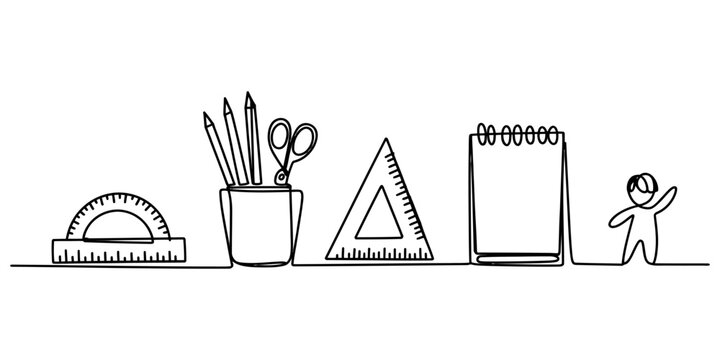 Continuous line drawing of school supplies including pencils in a cup scissors triangle ruler protractor notebook and a happy student standing in a row Vector, illustration