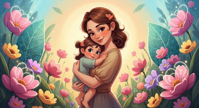 Joyful mother holding her daughter in a lush, blooming garden with bright flowers and soft sunlight, conveying warmth and affection.
