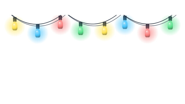 Colorful glowing christmas string lights hanging for holiday decoration and festive party celebration mood isolated on transparent background