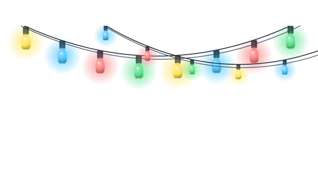 Colorful hanging string lights with glowing bulbs for festive holiday celebration and party decoration isolated on transparent background