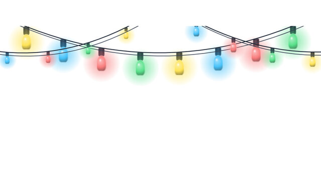 Colorful glowing party string lights with hanging bulbs for festive holiday decoration and celebration design isolated on transparent background