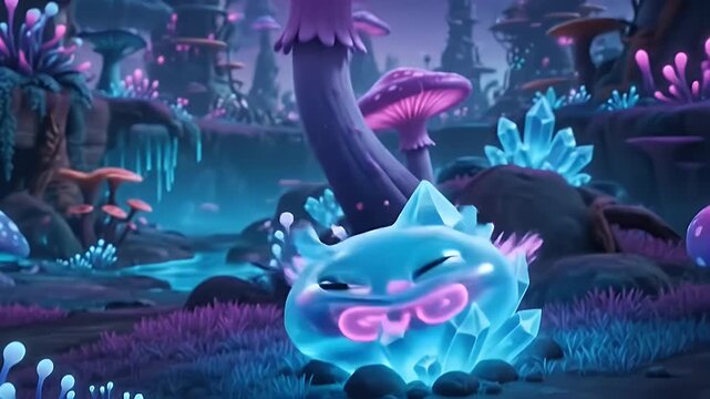 Charming blue alien creature on a glowing mushroom in a vibrant, futuristic alien cityscape at night