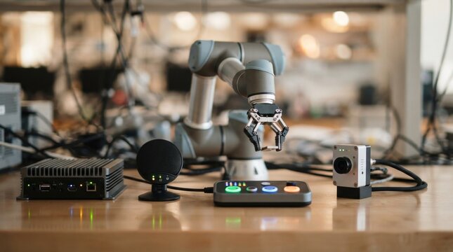 Collaborative robot arm with edge computer, camera module, microphone cluster, and gripper on a laboratory bench for conversational robotics testing.