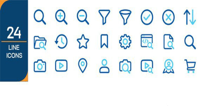 Collection of 24 modern line icons for web and mobile applications in blue tones representing search filters and user interface functions