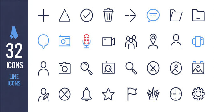 Collection of 32 essential line icons for digital interfaces and web design elements