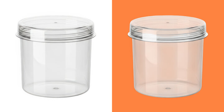 Clear plastic container with lid for food storage isolated on different color backgrounds for product design and packaging