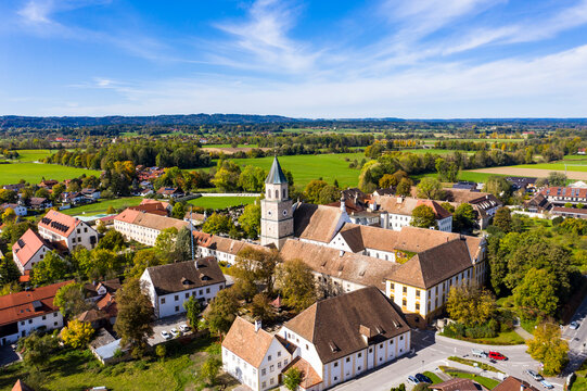 Germany, Bavaria, Polling, Helicopter view of Polling Abbey in spring