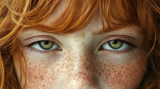 A detailed portrait of a person with red hair and noticeable facial spots.