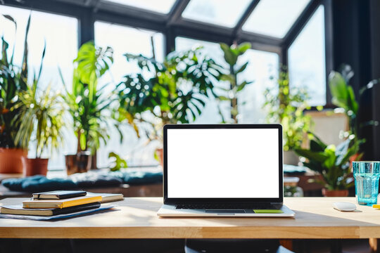 Laptop and diaries on desk in office