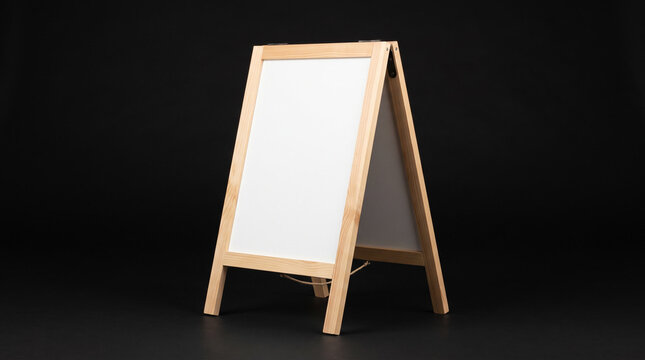 Blank white wooden sandwich board easel on black background.