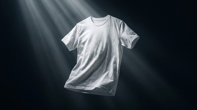 Blank white t-shirt floating in dark studio with dramatic god rays.