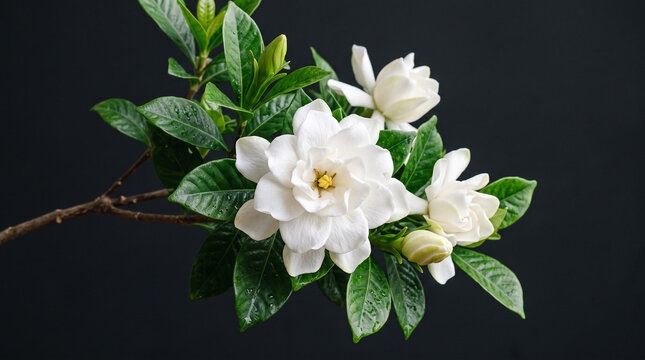 Blooming white gardenia flowers with lush green leaves.