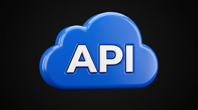 Blue 3D cloud icon with API text on black background.