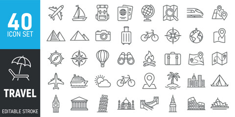 Set of forty travel and tourism themed line icons in editable stroke style featuring various vacation landmarks transport and holiday activities for design © MSTPIARA