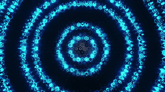 Abstract top view of glowing blue hexagonal rings pulsing on dark surface. Looped 3D rendering