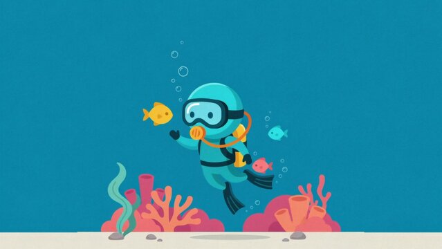 Cartoon scuba diver character exploring underwater ocean reef with fish with vector illustration scuba