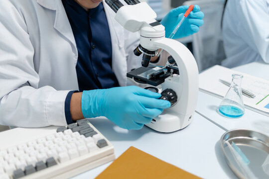 Scientists perform laboratory experiments using microscopes, pipettes and test tubes while analyzing samples in modern research laboratory, representing biotechnology, diagnostics and medical science.