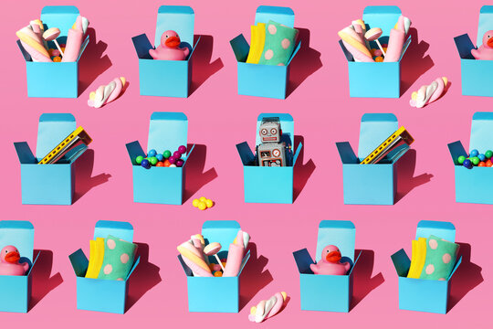 Pattern of boxes with various gifts including harmonicas, plastic spheres, vintage robot toys, sweets, rubber ducks and socks