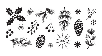 Winter foliage and berry branch set with snowflakes for festive christmas card design and ornaments. © Md