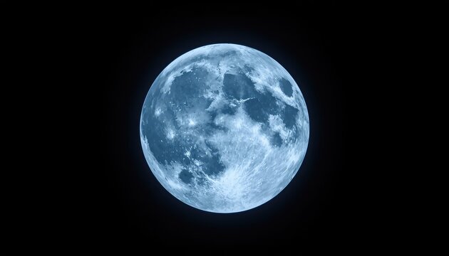 Luminous Blue Full Moon Isolated on Dark Black Background for Astronomy, Night Sky, and Space Concept