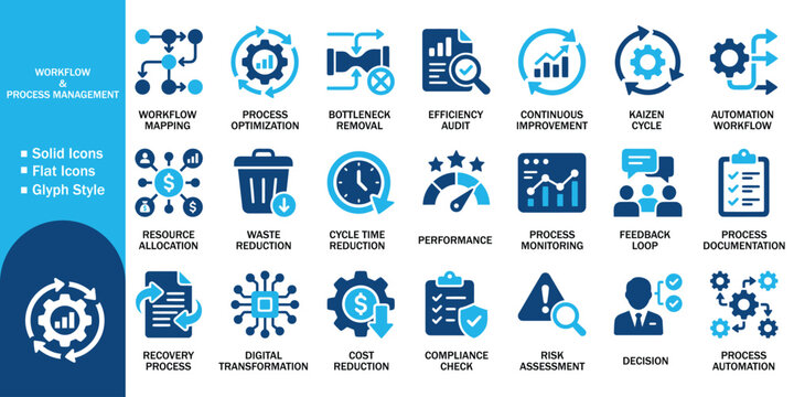 Workflow and process management solid icon set with business symbols. Vector illustration of kaizen cycle, bottleneck removal, efficiency audit, continuous improvement and digital transformation.