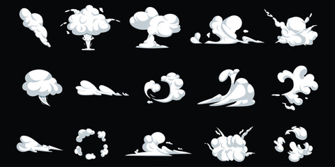 Cartoon smoke cloud and steam puff vector set featuring blast explosions, dust motion trails, smog vapor, and atomic burst effects isolated on black background for comic game animation design. © Elgatoe