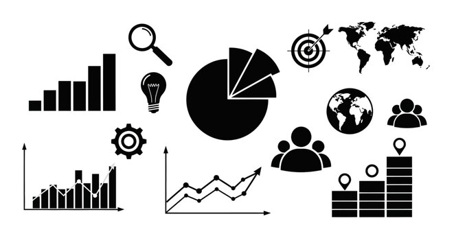 Black business infographic icons and statistical charts on white background including pie chart bar graph with displays collection black globalization