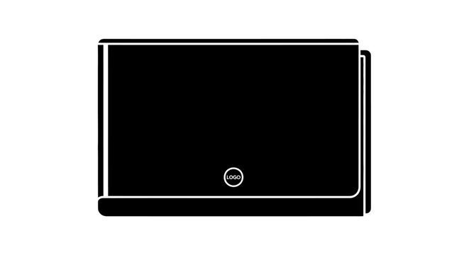 Black laptop with logo on screen with set against plain white background electronics technology computer portable notebook device