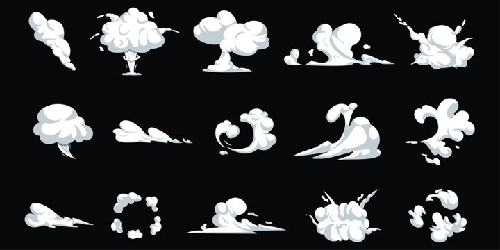 Cartoon smoke cloud and steam puff vector set featuring blast explosions, dust motion trails, smog vapor, and atomic burst effects isolated on black background for comic game animation design.