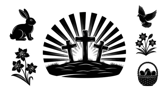 Easter symbols crosses bunny dove flowers with including three crosses sun rays white background with collection black easter Christianity Holiday