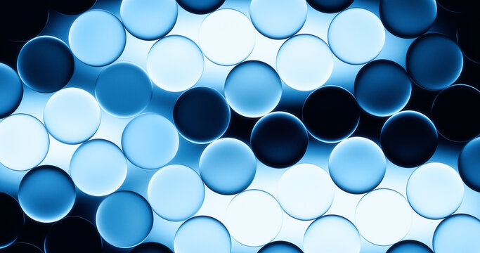 Glowing blue glass spheres create an abstract modern background