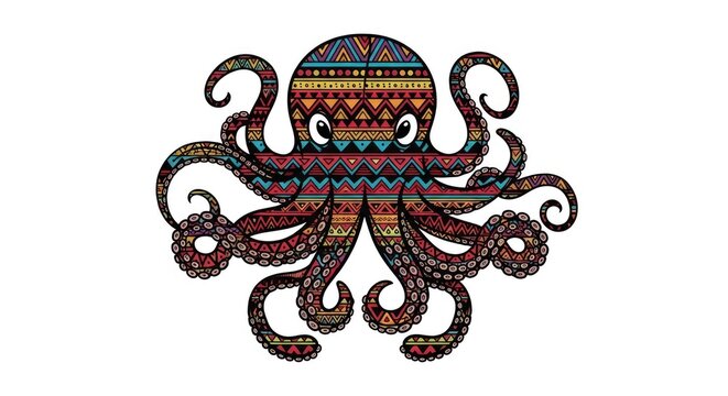 Colorful octopus illustration with ethnic and tribal pattern details.