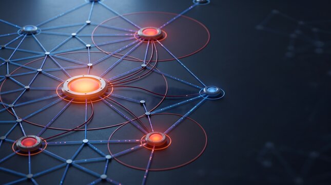 Blockchain distributed ledger technology concept featuring geometric digital mesh network with glowing orange hubs