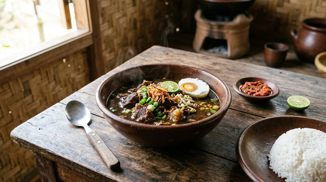 Authentic Indonesian Rawon Beef Soup with Salted Egg dan sliced lime Topping &ndash; Traditional East Java Black Soup Cuisine