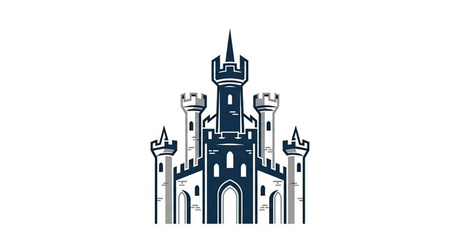 Detailed blue medieval castle silhouette with towers and flags.