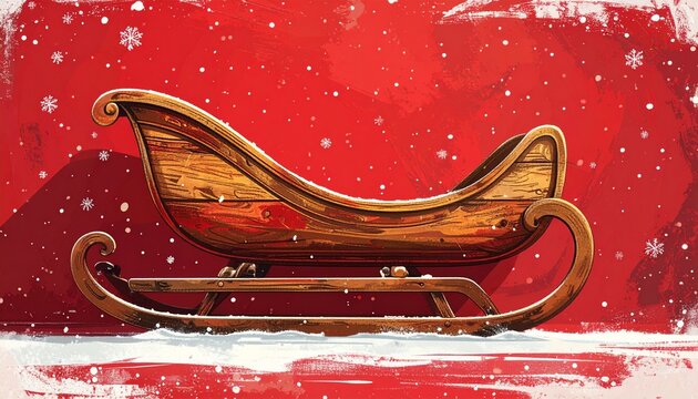 Vintage Wooden Sleigh on Festive Red Background.