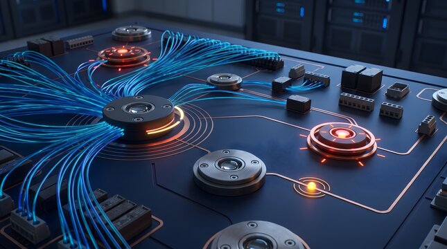 Central network core switch hub processing data through glowing fiber optic cables on a server motherboard