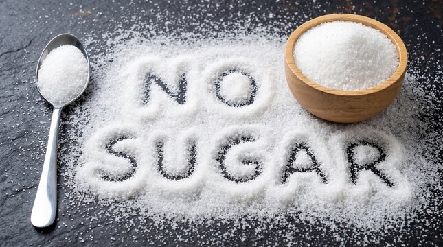 White granular sugar spilled on a dark surface with 'NO SUGAR' written, alongside a bowl and spoon.