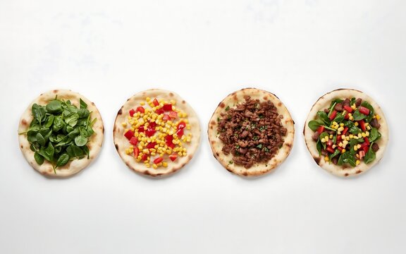 Four creative flatbread pizzas topped with fresh greens corn kernels spicy meat and colorful vegetable mixtures displayed on white plates