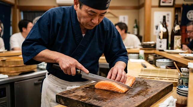 Japanese sushi chef carefully slicing fresh salmon on a wooden cutting board in a traditional restaurant