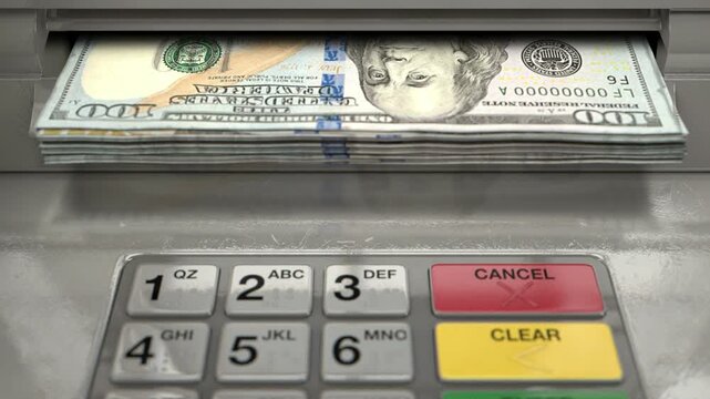 Cash withdrawal from ATM machine with hand taking american dollar banknotes from automated teller in 4K Ultra HD footage
