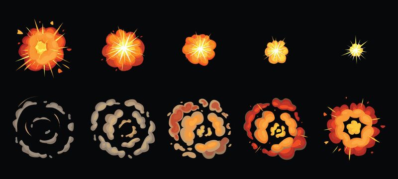 Cartoon explosion animation sprite sheet sequence with fiery fire visual effects, smoke cloud burst, flame blast, spark flash, and boom impact isolated on black background for game asset.