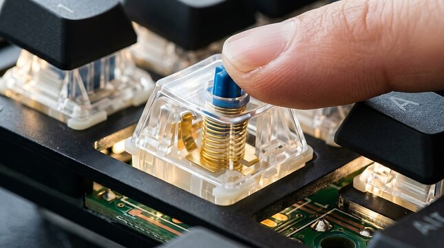 Finger pressing transparent mechanical keyboard switch close up view of spring mechanism and hardware component