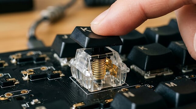 Finger pressing a custom mechanical keyboard keycap revealing the internal switch mechanism for repair or upgrade