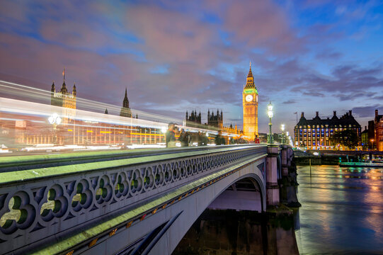 United Kingdom, England, London, River Thames, Westminster Bridge, Big Ben and Palace of Westminster in the evening light