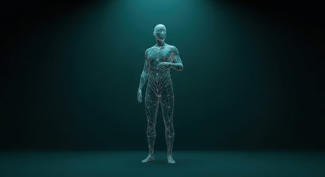 A detailed wireframe model of a human figure stands in a spotlight against a dark background, showcasing the intricate skeletal and muscular structure.